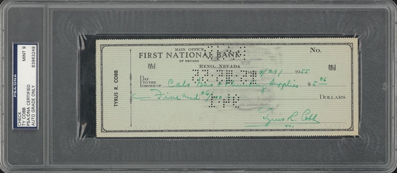 1955 Ty Cobb Signed Check (PSA/DNA- MINT 9)